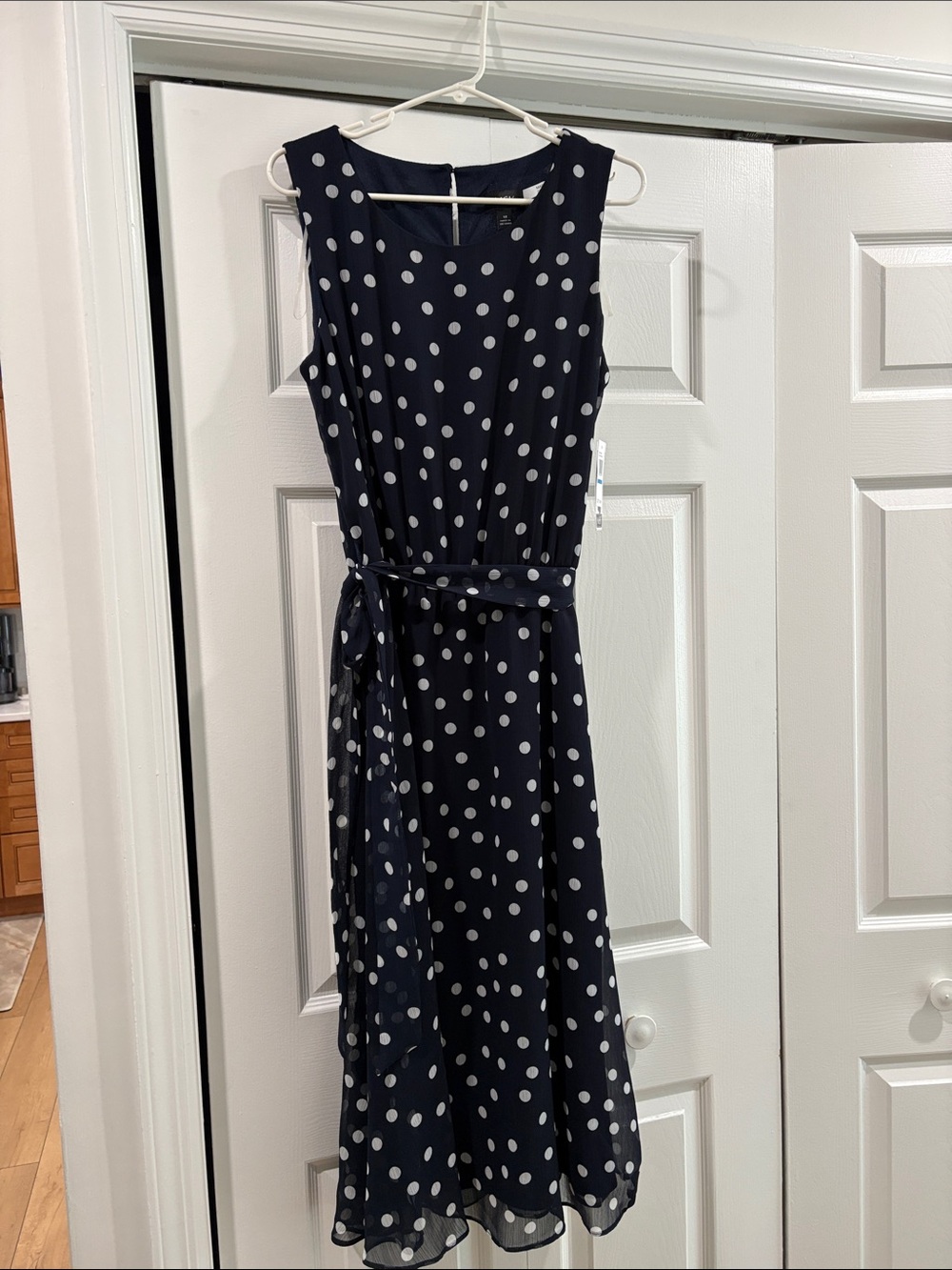 Navy Polka Dot Sleeveless Belted Midi Dress MSK size 12 NWT